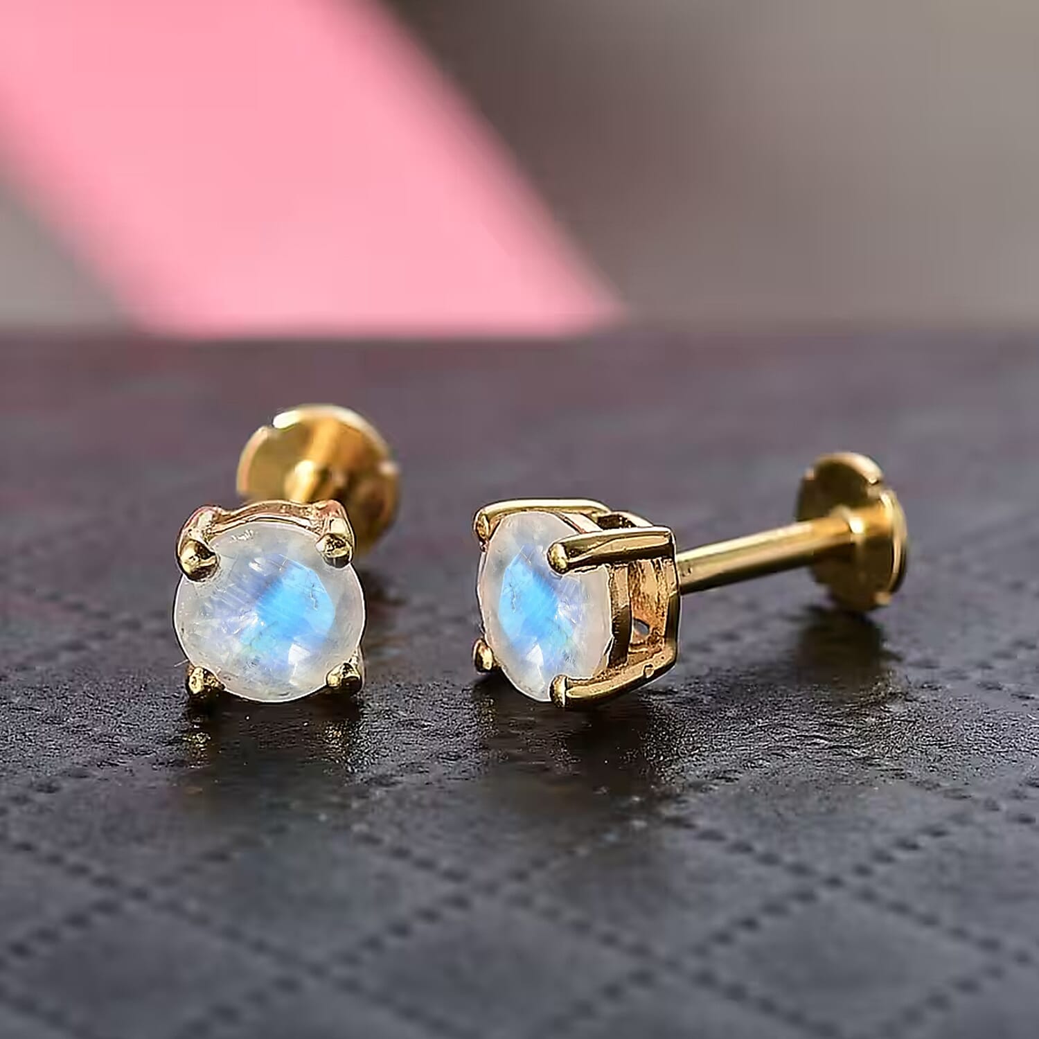 Rainbow Moonstone Earring with Screw Back in 18K Vermeil Yellow Gold Plated Sterling Silver 1.04 Ct.